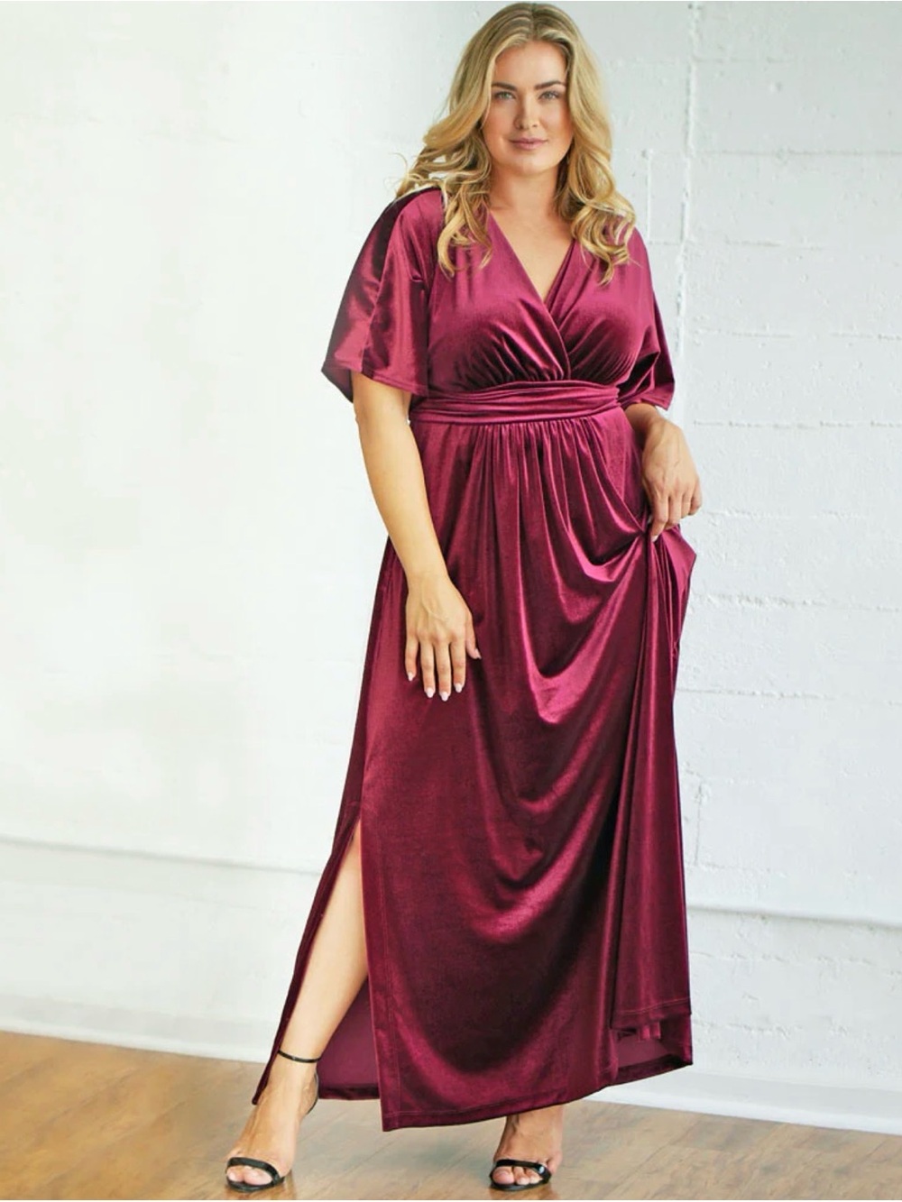 Kiyonna Wine Velvet Wrap Maxi Dress